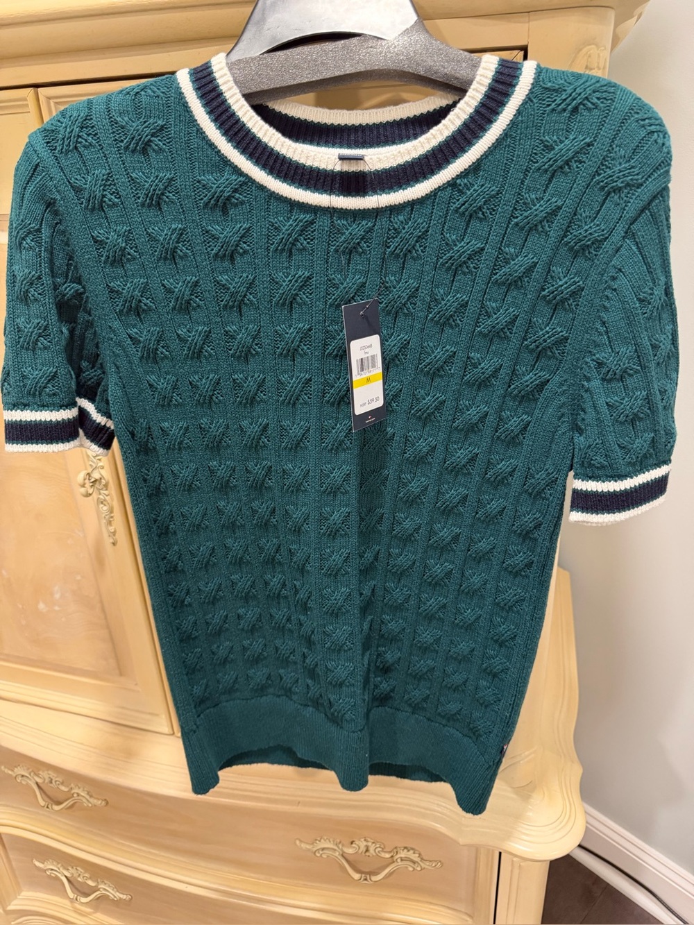Tommy Hilfiger Green Knit Short-Sleeve Sweater with Navy & White Trim